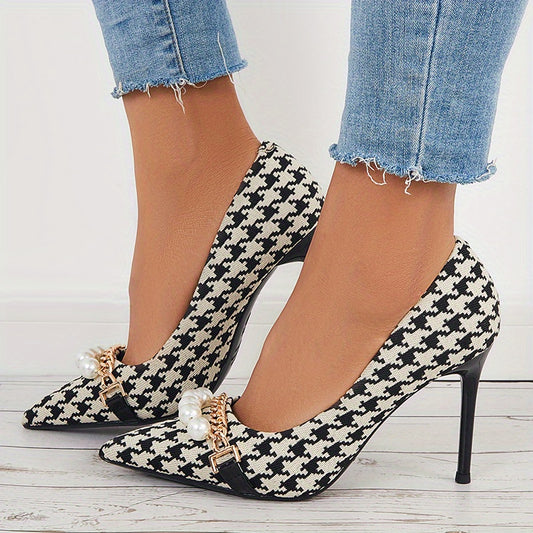 Houndstooth High Heels Faux Pearl Chain Pointed Toe Stiletto Heels