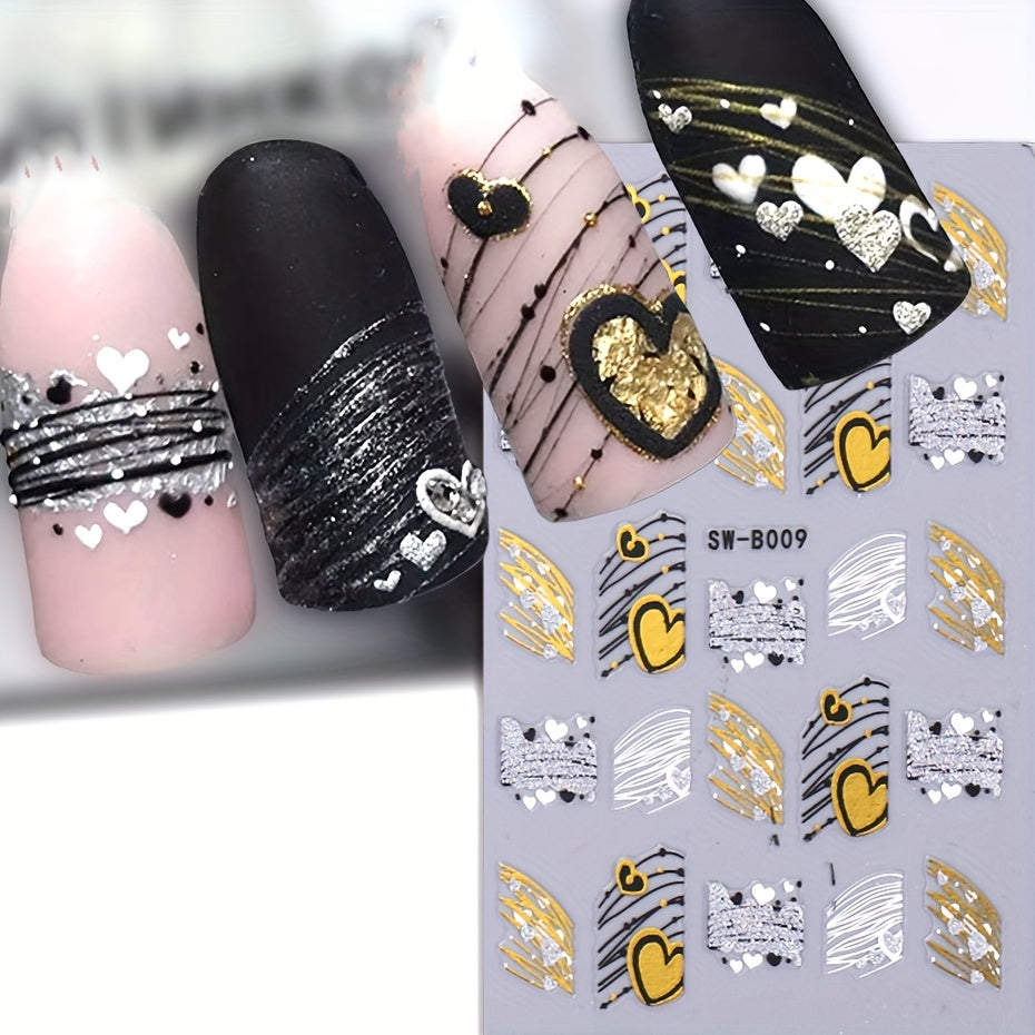 3D Golden Glitter Heart Love Nail Sticker Reflective Valentine Self Adhesive