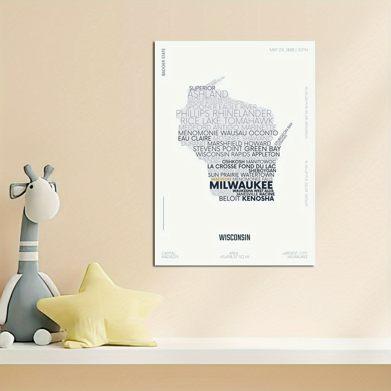 Wisconsin Letter Map Sticker - Kids Modern Font Art