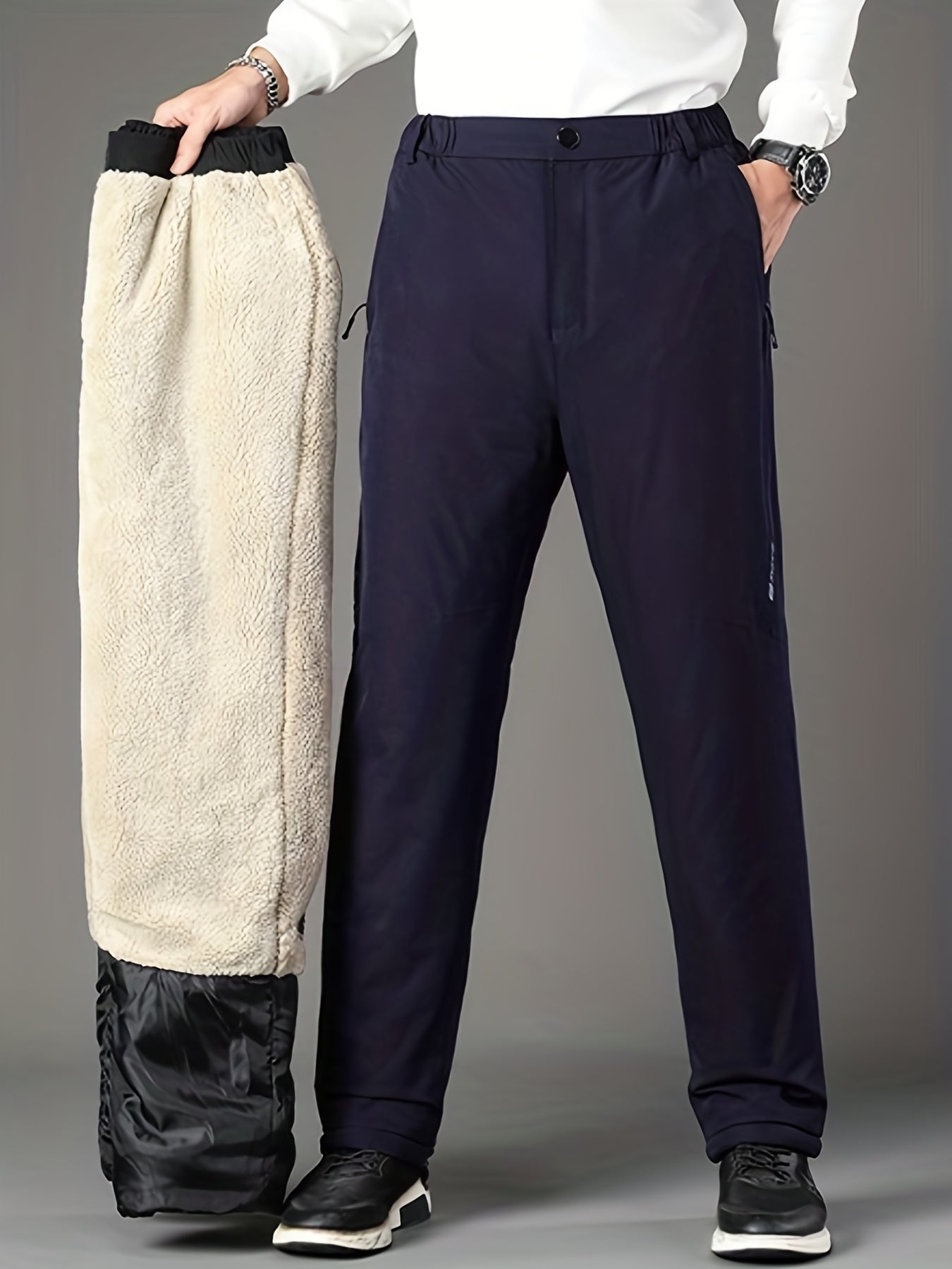 Men's Winter Warm Fleece Lined Pants Outdoor Sports Camping Straight Pants