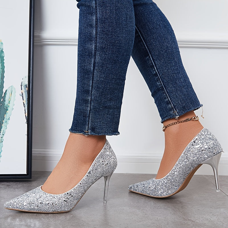 Women's Bling Sequins High Heels Glitter Pointed Toe Wedding Dress Pumps