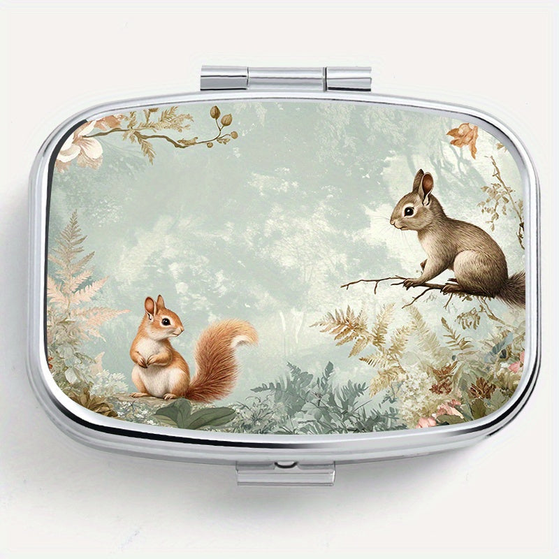 Squirrel Floral Print Pill Organizer Metal Case for Vitamins