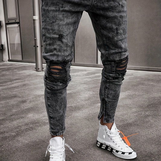 Mens Slim Fit Ripped Jeans, Distressed Stretch Denim Pants