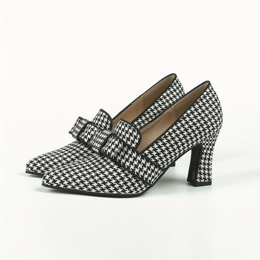 Women's Houndstooth Pumps Bowknot Slip On Chunky Heels