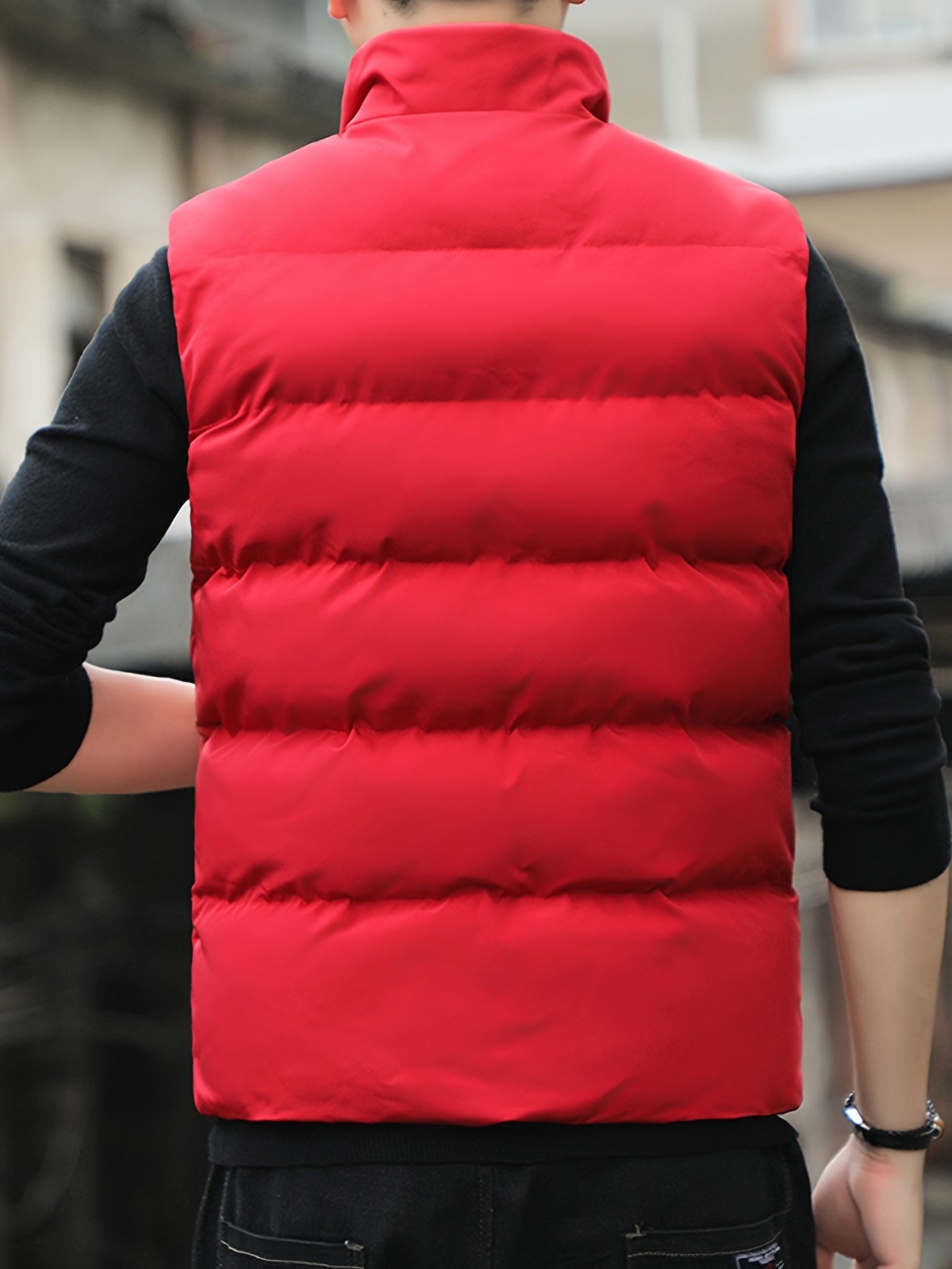 Men's Sleeveless Cotton Padded Jacket Winter Stand Collar Faux Down Zip Vest