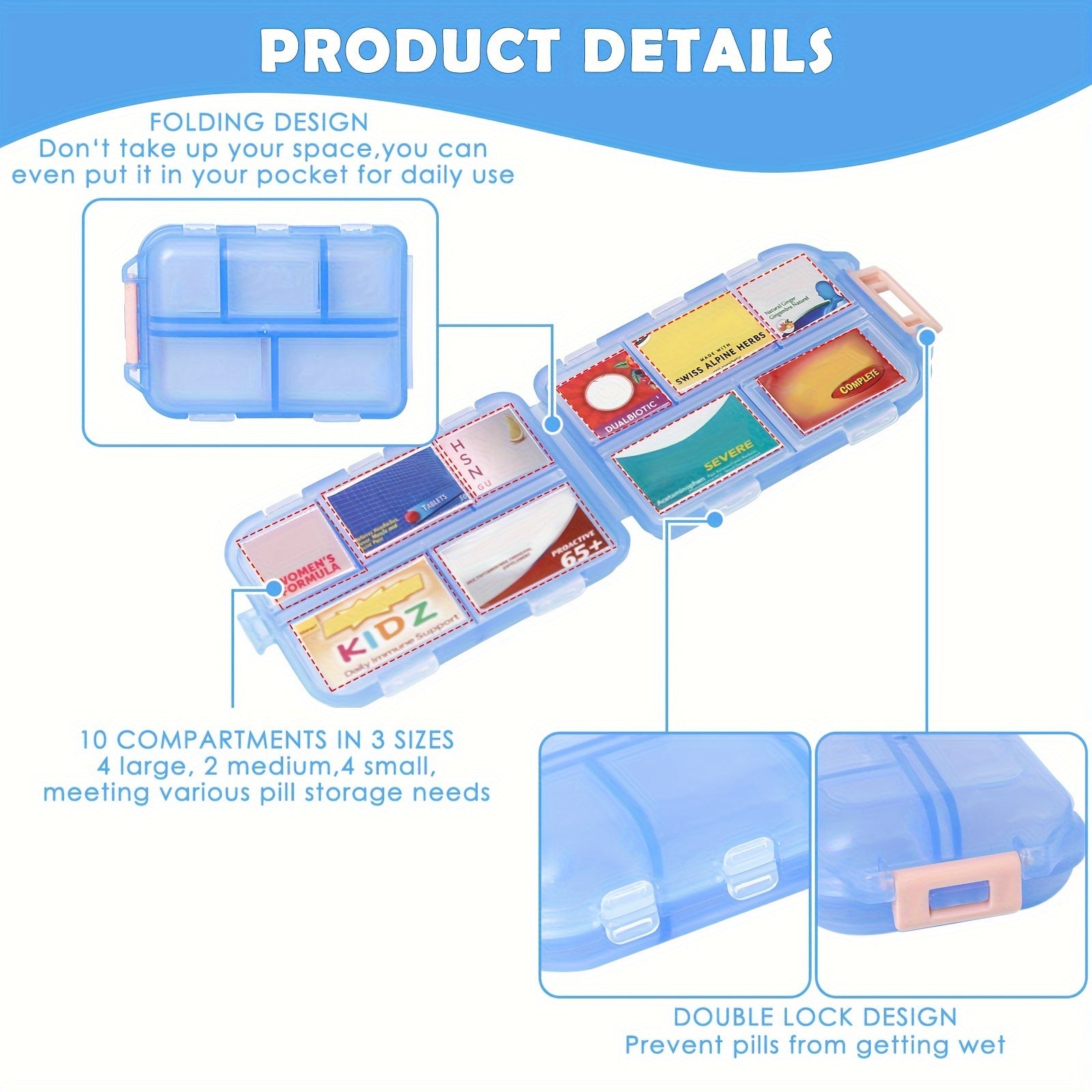 Compact Pill Organizer, 10 Compartments, Weatherproof Storage