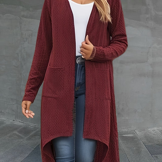 Solid Jacquard Open Front Cardigan With Pockets