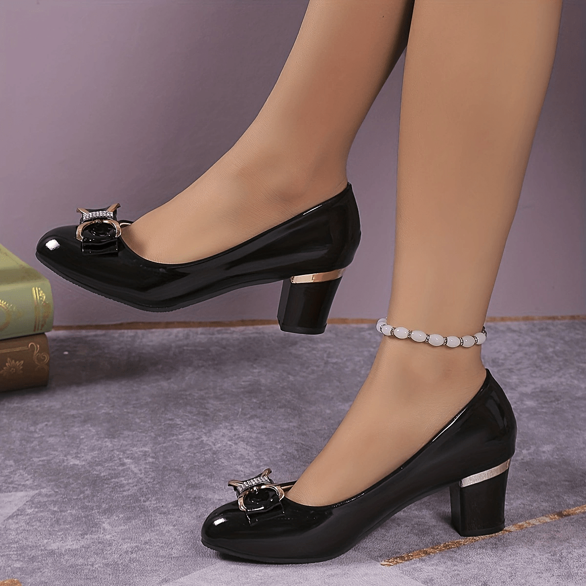 Women's Bowknot Chunky Heels Rhinestone Patent Leather Pumps