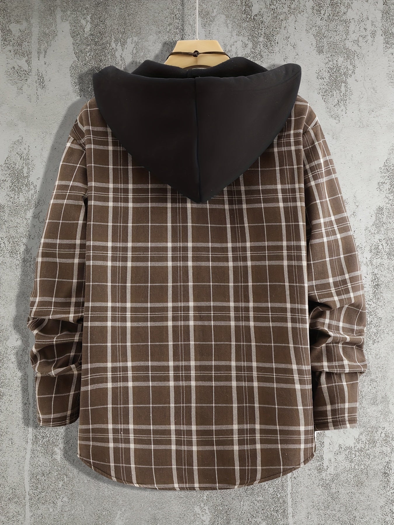 Men's Plaid Shirt Jacket Hooded Long Sleeves Coat