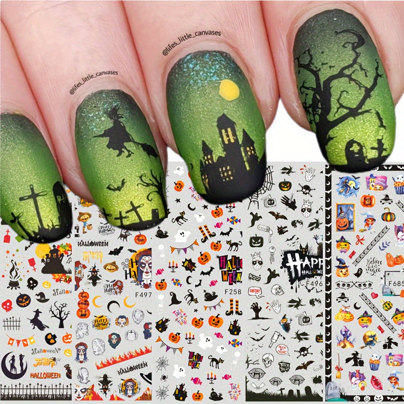3D Halloween Nail Art Stickers Pumpkin Ghost Bat Witch Designs Self Adhesive Nai