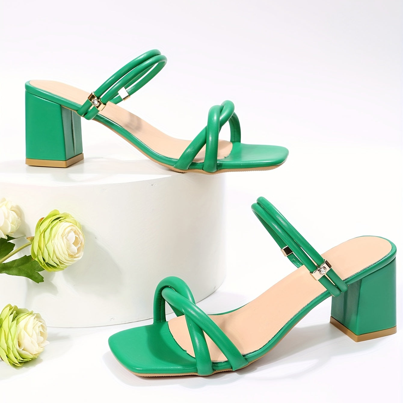 Women's Cross Strap Square Toe Sandals Chunky Heels