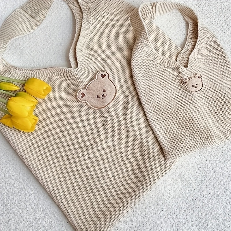 Cartoon Bear Head Knitted Shoulder Tote Bag Large Capacity Mommy Bag