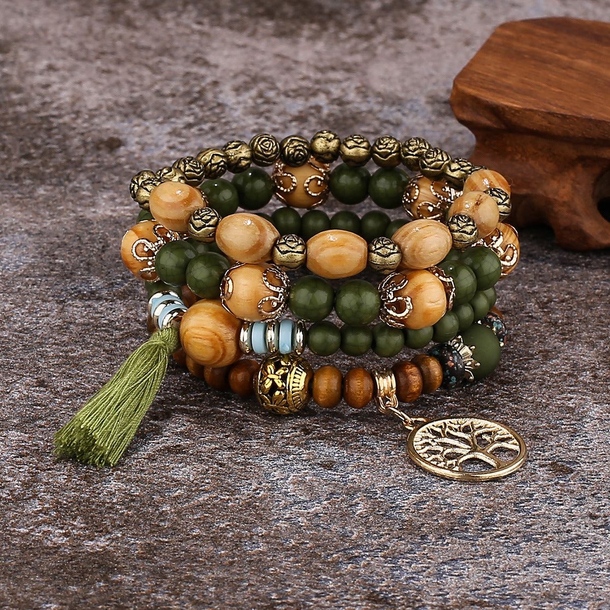 Boho Tree & Tassel Charm Beaded Bracelet Set
