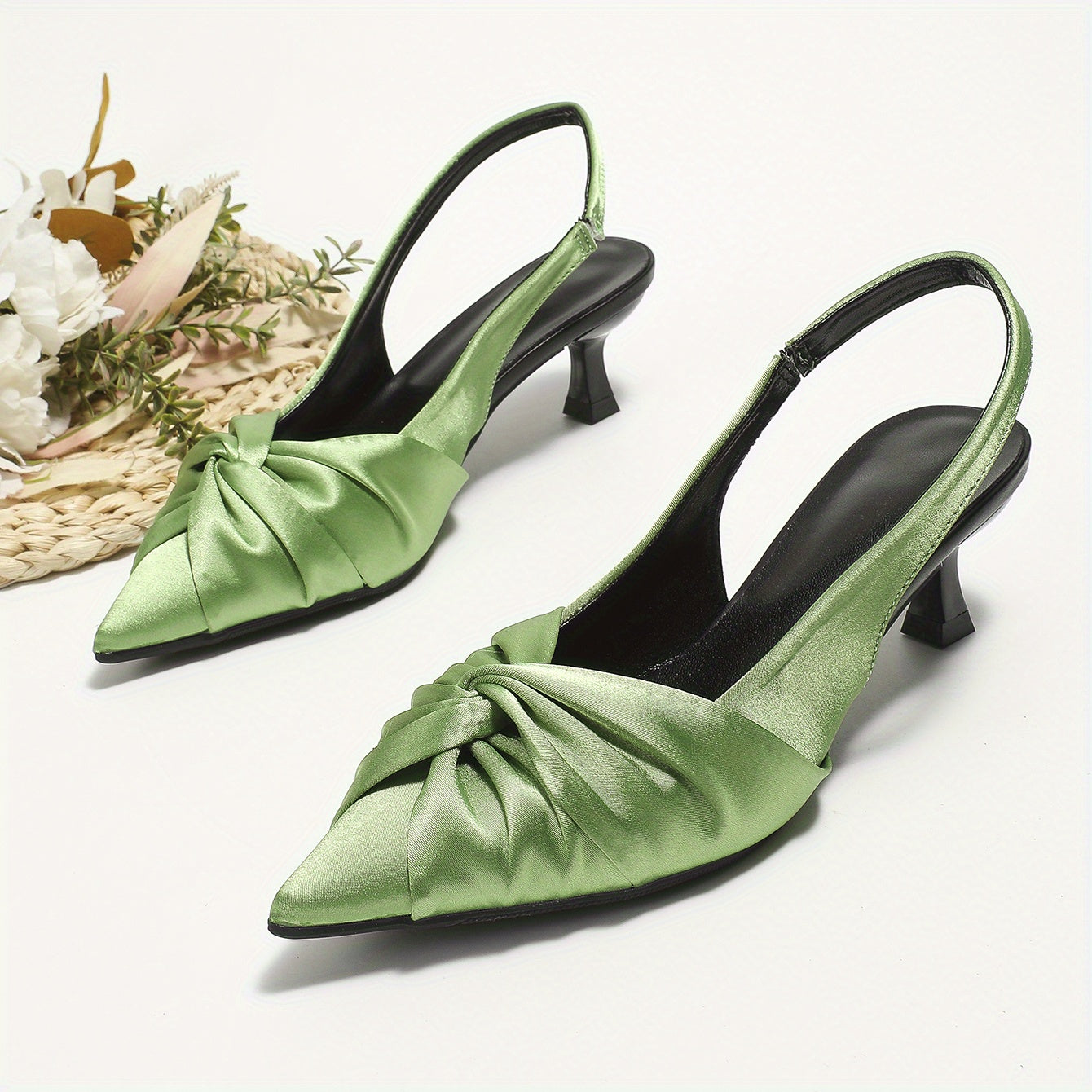Women's Satin Kitten Heels Pointed Toe Bow Elastic Strap Slip On Low Heels