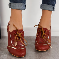 Women's Lace-up Chunky High Heels Faux Leather Retro Round Toe Stacked Pumps