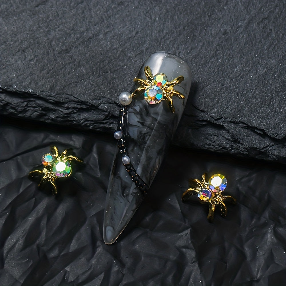 10pcs Halloween Spider Nail Art Charms With Rhinestones 3D Alloy Spider Nail Gem