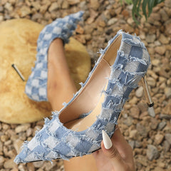 Women's Plaid Stiletto Heels Point Toe Pumps Tassel Detail Slip On Comfort