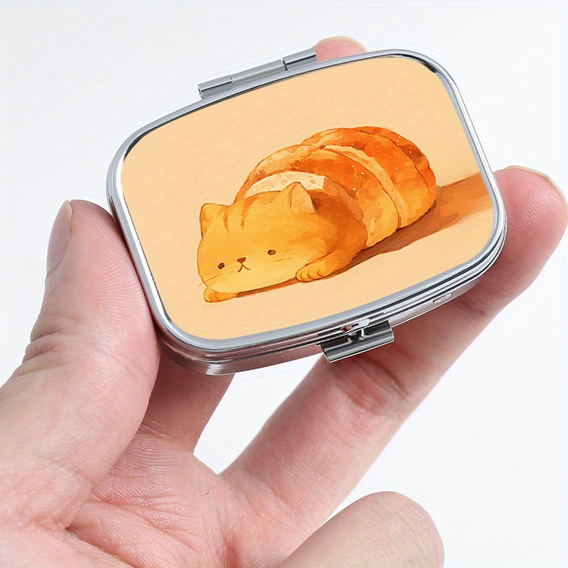 Bread Cat Print Medicine Box Two Compartment Pill Box Mini Portable Medic