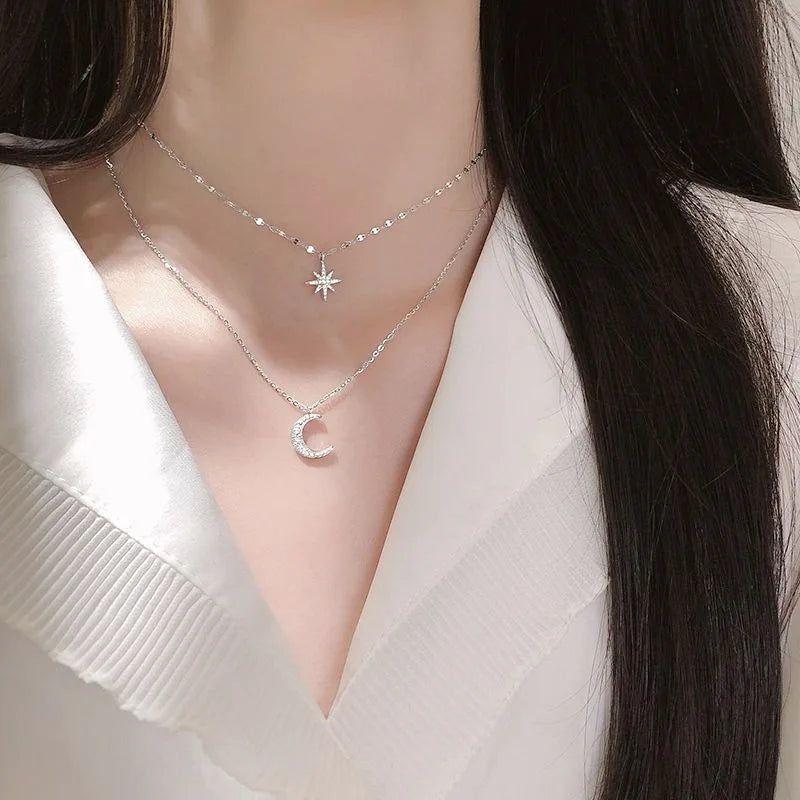 925 Silver Double Layer Star Moon Pendant Necklace for Women