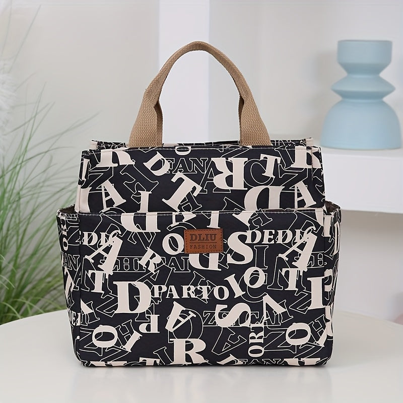 Vintage Floral & Letter Print Lunch Tote, Large Capacity