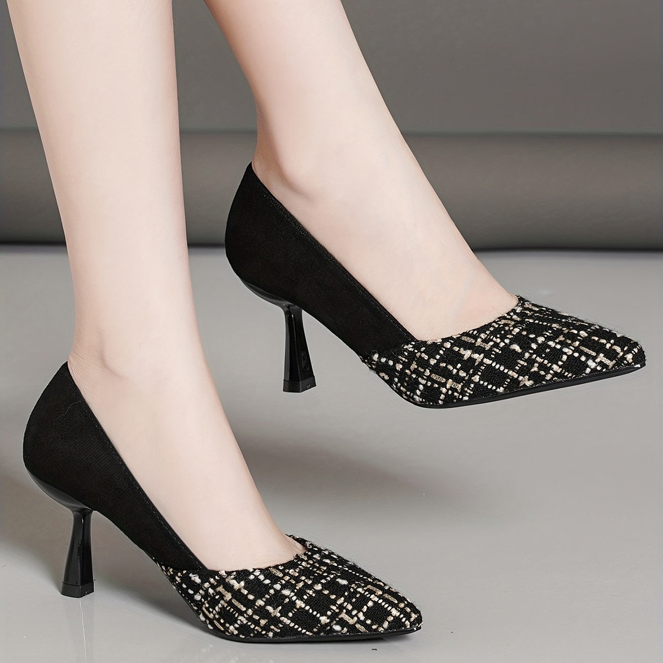 Women's Plaid Stiletto Heels Point Toe Work Pumps