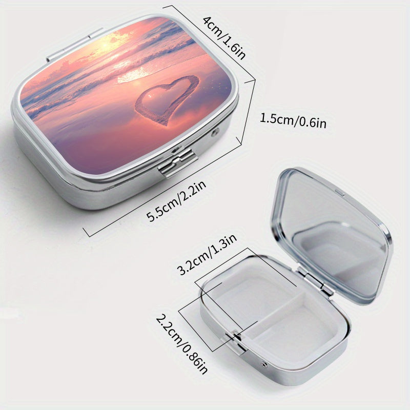 Romantic Beach Print Pattern Square Medicine Box Two Compartment Pill Box
