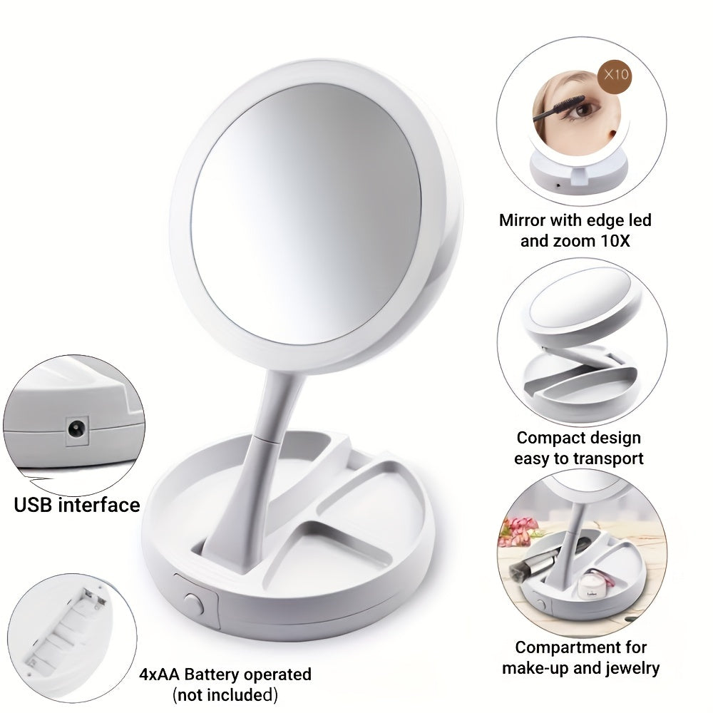 Foldable Makeup Mirror With Led Light Double Sided 1X & 10X Magnifying Mirror