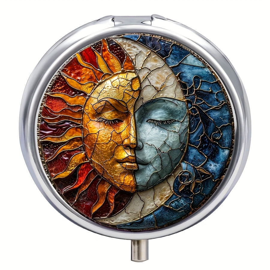 Sun Moon Art 3 Compartment Pill Box Wallet Portable Pocket Decoration Metal Medi