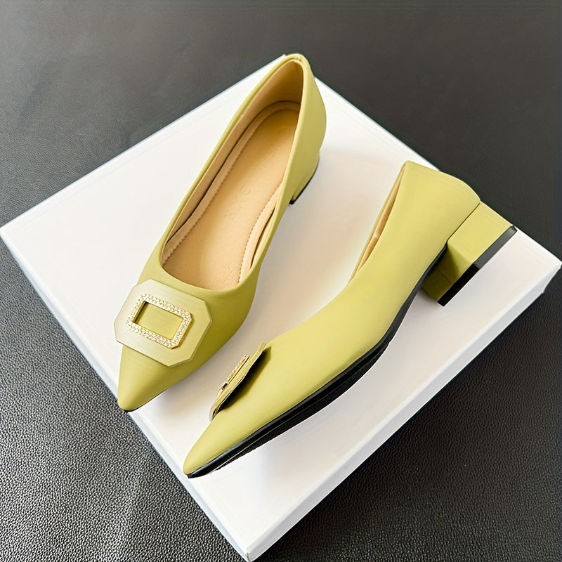 Women's Pointed Toe Low Heels Slip On Buckle Decor Chunky Heels