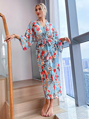 Floral Mesh Night Robe V Neck Long Sleeve Belted Sexy Lingerie