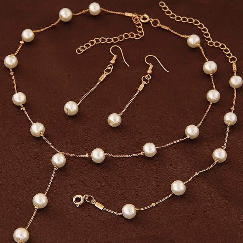 Faux Pearls Jewelry Set With Necklace Earrings Bracelet