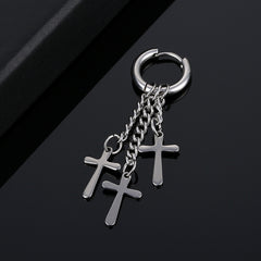 1pc Stainless Steel Feather Cross Pendant & Tassel Small Hoop Earring