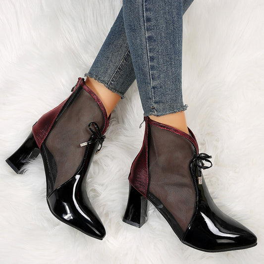 Women's Mesh Sandals Boots Bow Pointed Toe Mid Heels