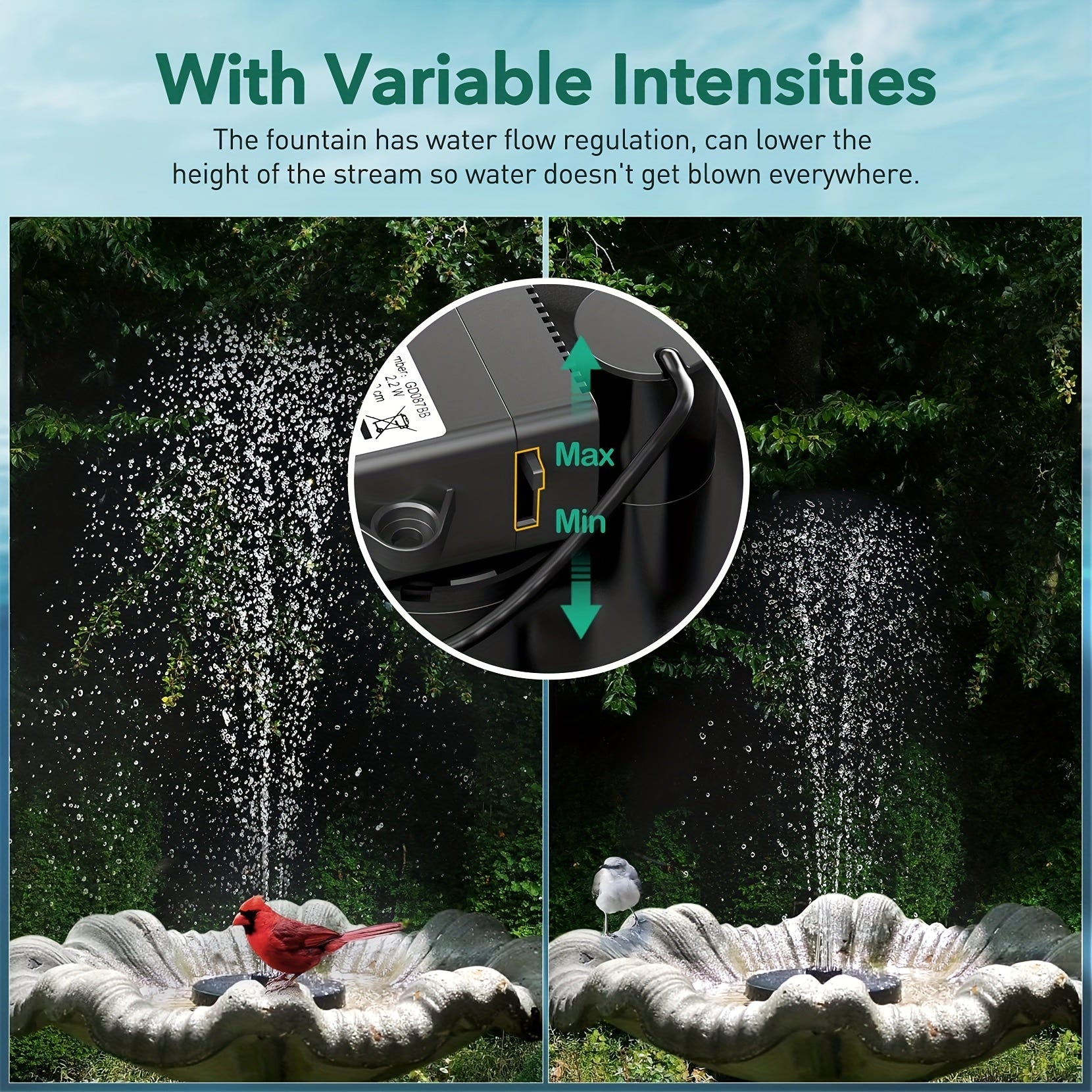 Solar Fountain 2.2W Pump 7 Water Styles Solar Bird Bath Fountain