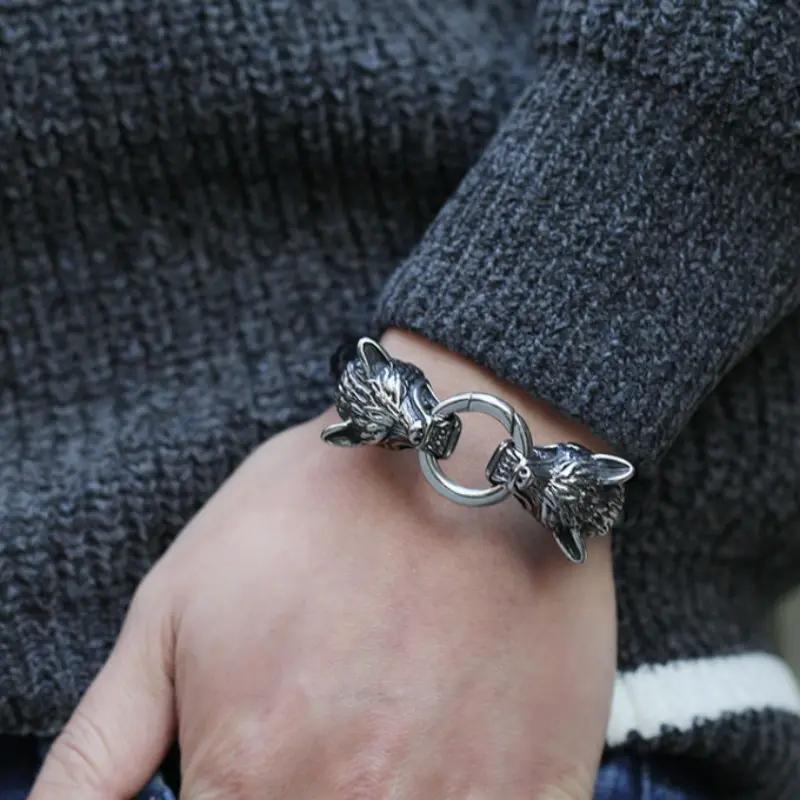 Viking Wolf Head Leather Bracelet Hip Hop Vintage Jewelry