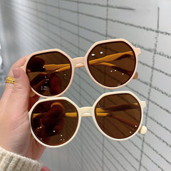 2pcs Small Oval Sunglasses Set & Leather Glasses Bag