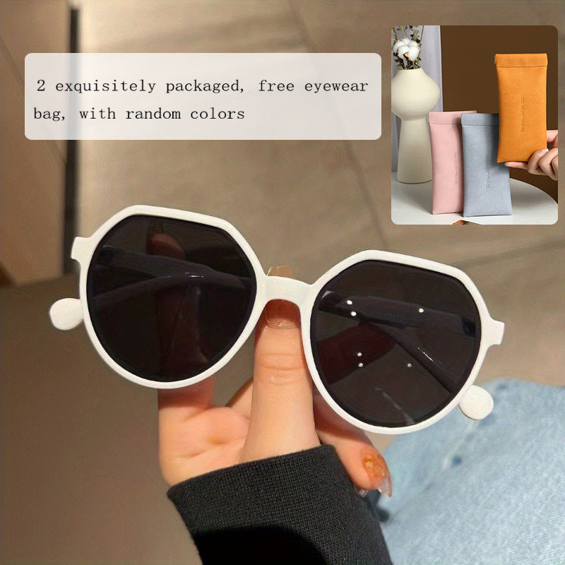 2pcs Small Oval Sunglasses Set & Leather Glasses Bag
