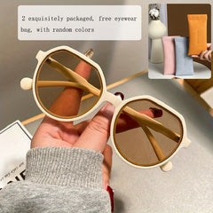 2pcs Small Oval Sunglasses Set & Leather Glasses Bag