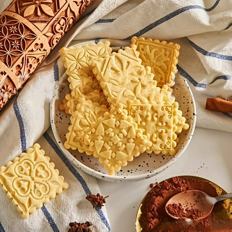 Vintage Pattern Embossing Rolling Pin Wooden Dough Roller Kitchen Utensil