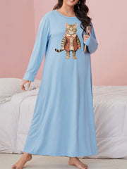 Cartoon Cat Print Long Sleeve Round Neck Nightdress