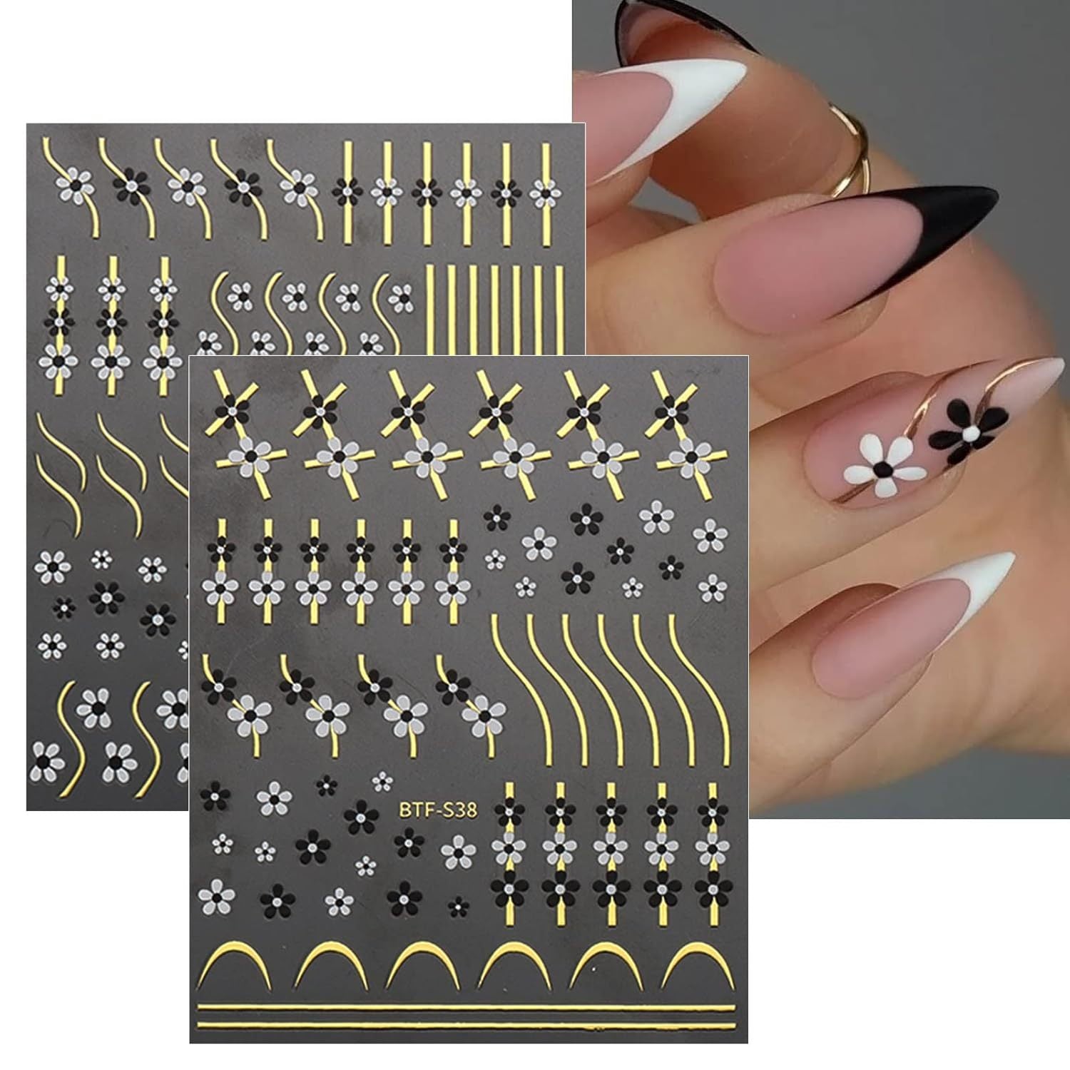 9 Sheets Heart Line Flower Nail Art Stickers Self Adhesive Nail Supplies