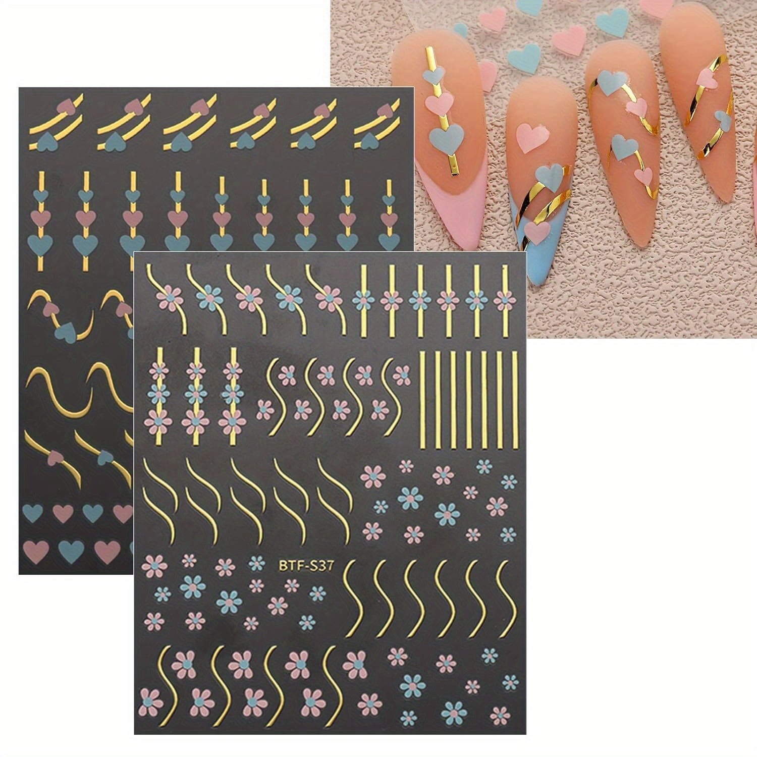 9 Sheets Heart Line Flower Nail Art Stickers Self Adhesive Nail Supplies