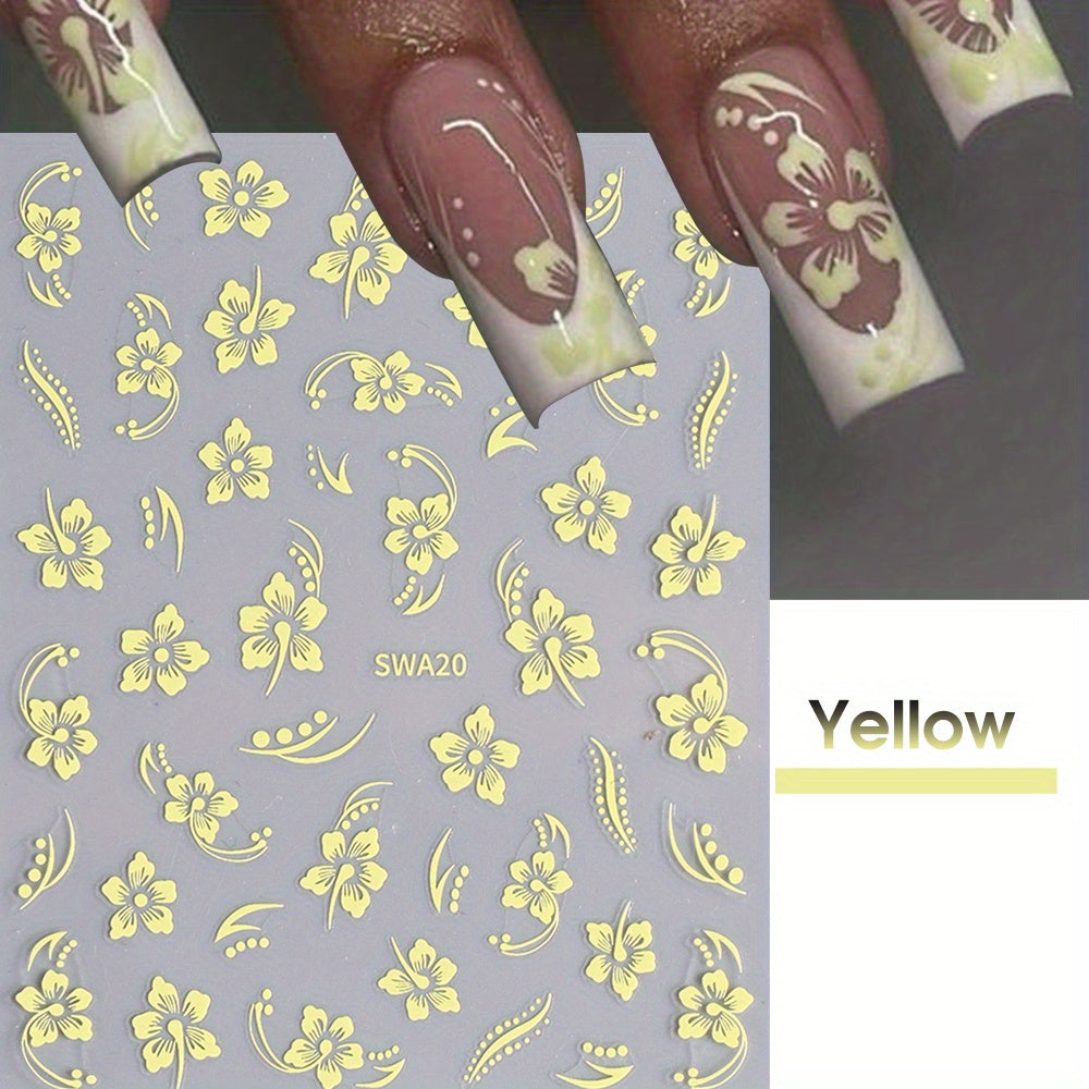4pcs Floral Nail Art Stickers Self-Adhesive Sparkle Finish Easy Apply 3D Decals