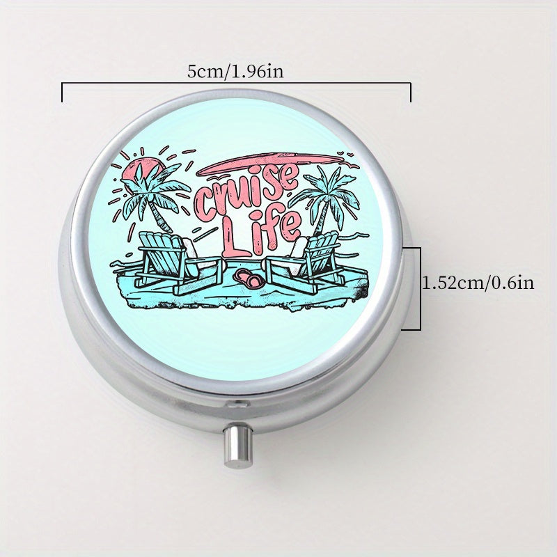 Vacation Life Print Round Pill Box 3 Compartments Portable Medicine Box