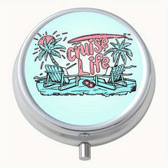 Vacation Life Print Round Pill Box 3 Compartments Portable Medicine Box