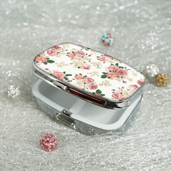 Vintage Floral Metal Pill Case 2 Compartment Medicine Organizer Pink Peach