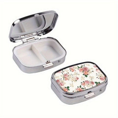 Vintage Floral Metal Pill Case 2 Compartment Medicine Organizer Pink Peach