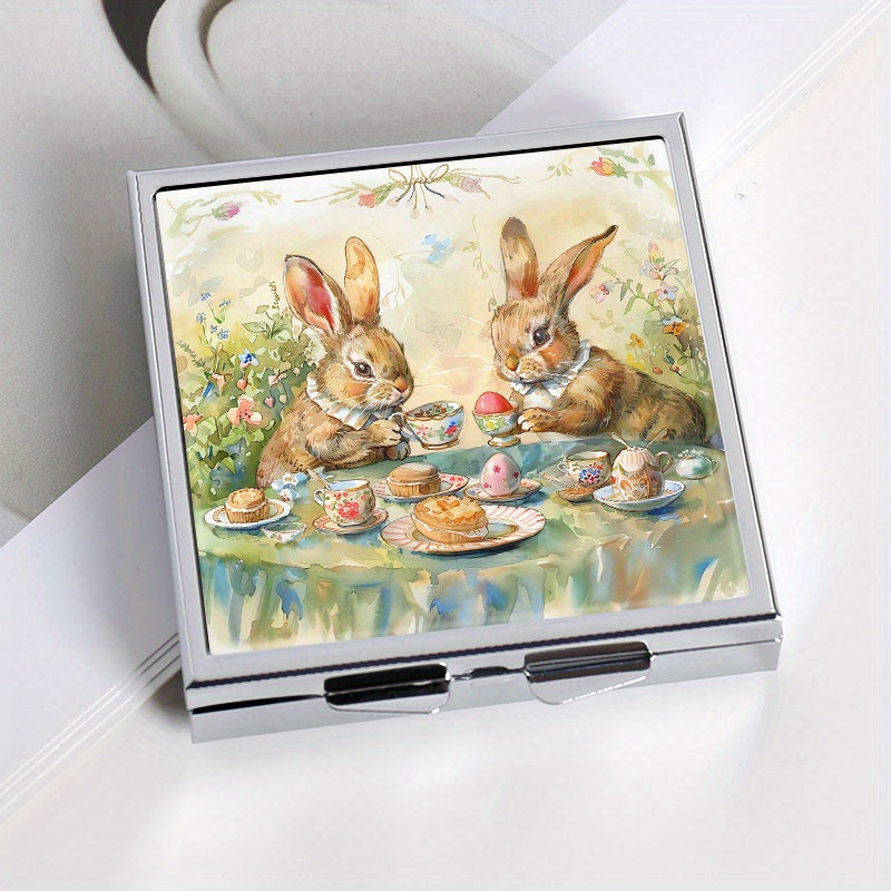 Tea Drinking Rabbit Print Pill Box with 4 Compartments
