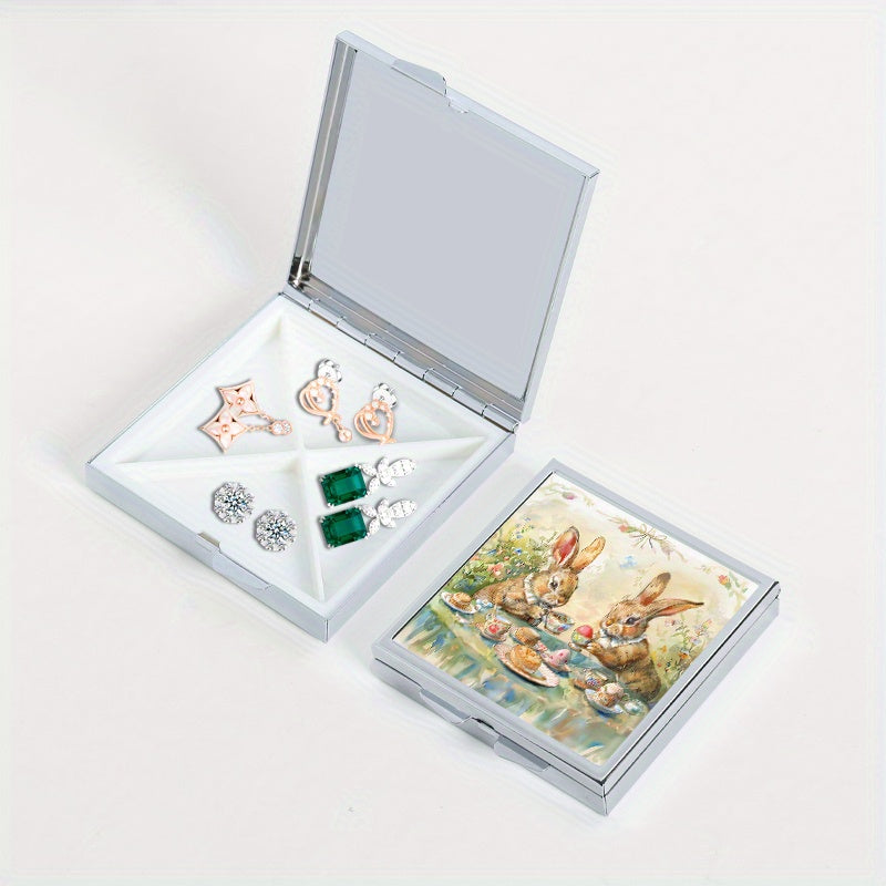Tea Drinking Rabbit Print Pill Box with 4 Compartments