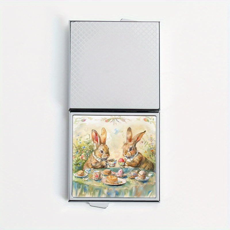 Tea Drinking Rabbit Print Pill Box with 4 Compartments